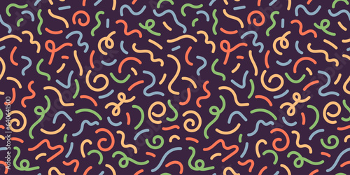 Hand drawn wavy lines, squiggles, geometric shapes, memphis texture, simple abstract artistic print. Childish seamless pattern with strokes. 90s backdrop. Vector illustration.