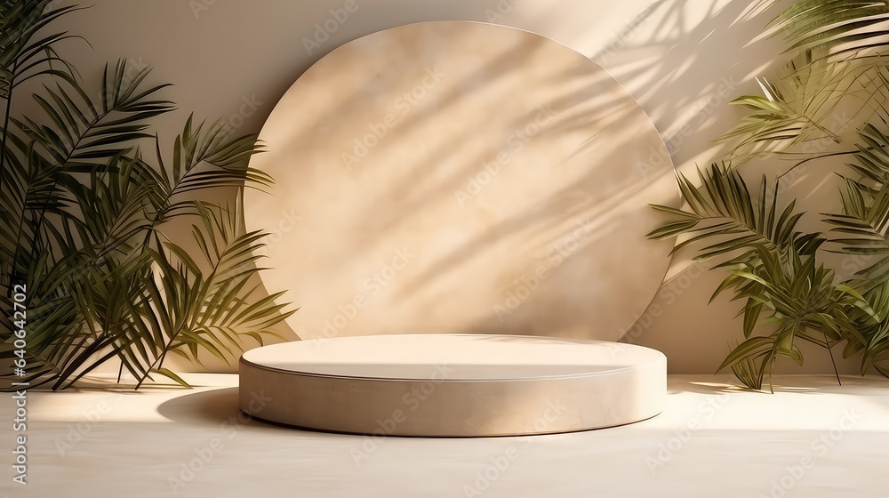 Beige Marble Podium with Palm Shadow Backdrop