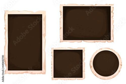 Set photoframes vintage aged textured scrapbook isolated on white background, frame border empty grunge paper. 