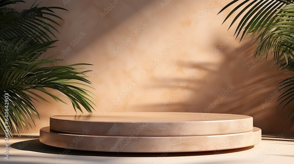 Obraz premium Beige Marble Podium with Palm Shadow Backdrop