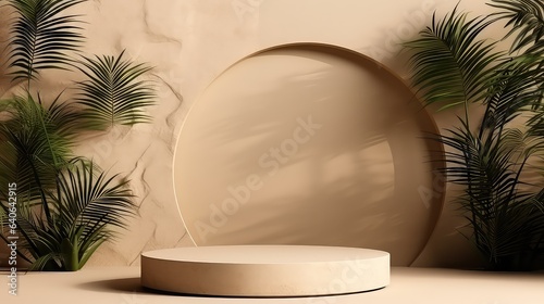 Beige Marble Podium with Palm Shadow Backdrop