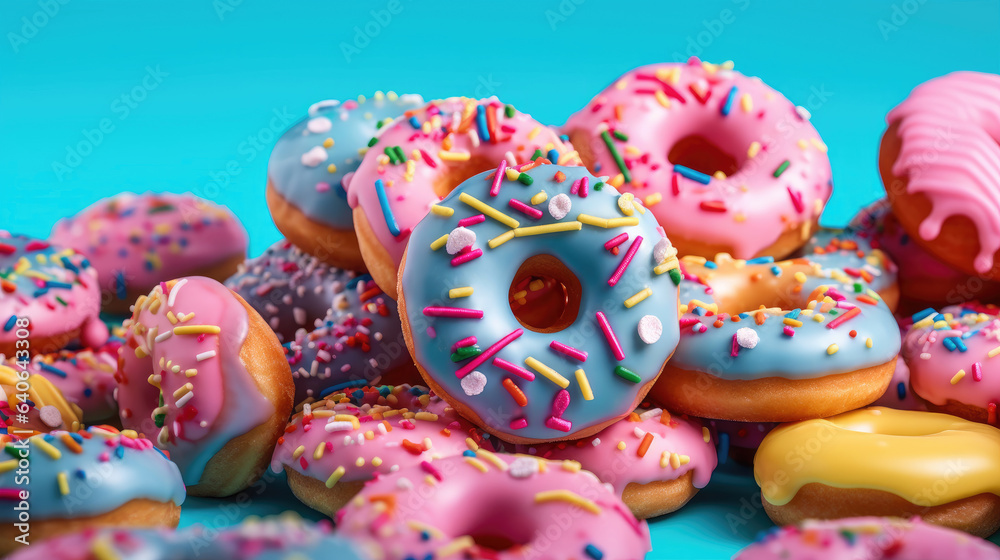 Close-up photo showcasing a playful and colorful donuts pattern