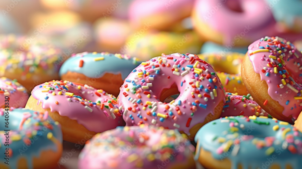 Close-up photo showcasing a playful and colorful donuts pattern Close-up photo showcasing a playful and colorful donuts pattern
