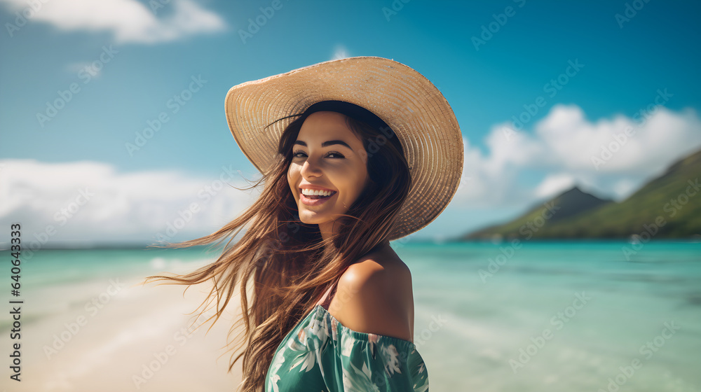 Carefree Brunette Woman in Straw Hat Beaming on a Picturesque Tropical Beach.