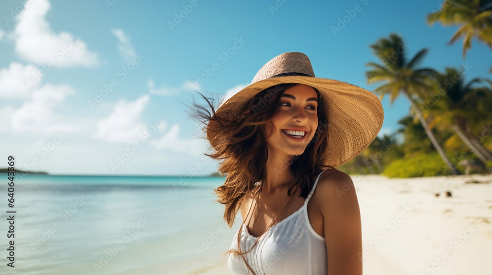 Carefree Brunette Woman in Straw Hat Beaming on a Picturesque Tropical Beach.