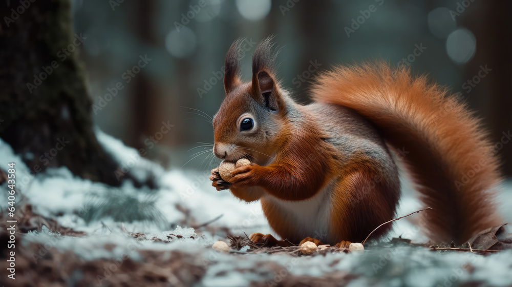 Cute red squirrel eats a nut in winter scene with nice blurred forest in the background Cute red squirrel eats a nut in winter scene with nice blurred forest in the background