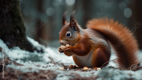 Cute red squirrel eats a nut in winter scene with nice blurred forest in the background © Matthew