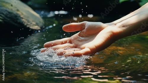 Close-up of child s hands playing with water in a stream