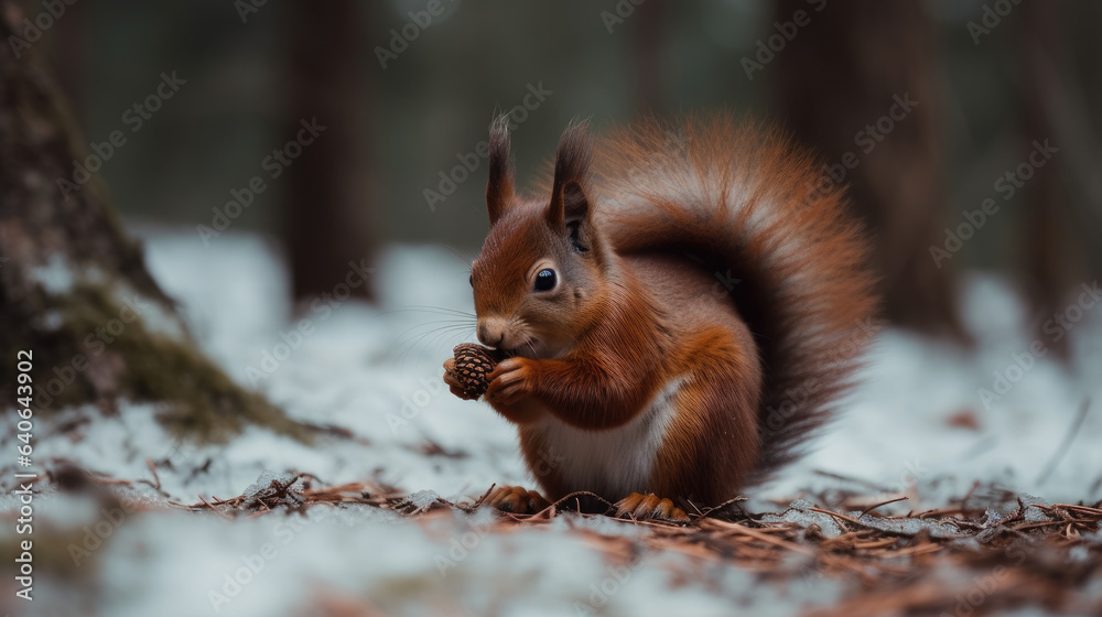 Cute red squirrel eats a nut in winter scene with nice blurred forest in the background Cute red squirrel eats a nut in winter scene with nice blurred forest in the background