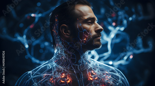 Man with blue biotech integration on neck and face. Biohacker concept. photo