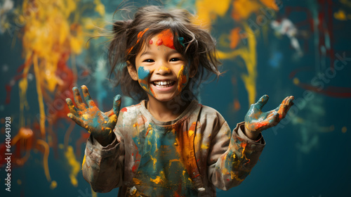 Little Asian girl proudly raises her messy painted hands in the air, her face and clothes splashed with vibrant colours. Pure joy.