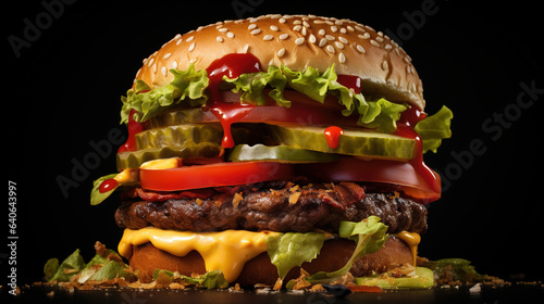 hamburger on black background.Generative Ai