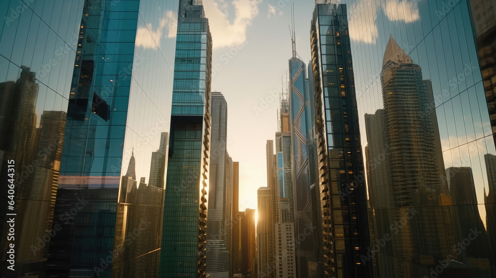 Obraz premium Skyscrapers reaching for the sky, their glass exteriors mirroring the surrounding cityscape and creating a stunning visual spectacle