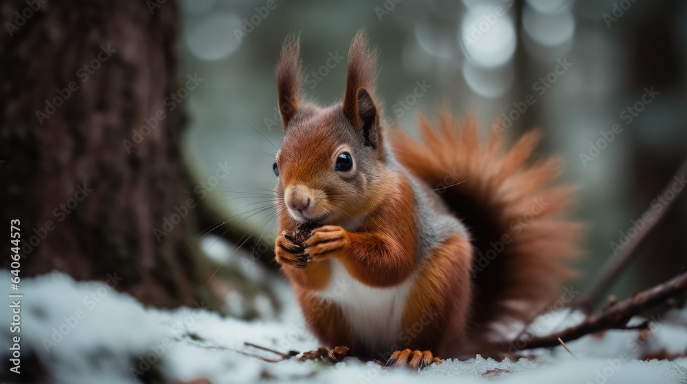 Fototapeta premium Cute red squirrel eats a nut in winter scene with nice blurred forest in the background