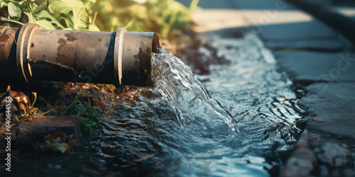 Water pipe in water field, discharge. Clear Water flowing from a pipe, closeup. photo