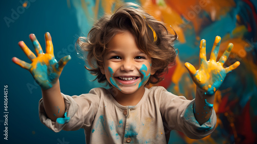 Boy with raised hands covered in colourful paint  smiling