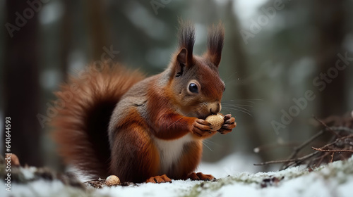 Cute red squirrel eats a nut in winter scene with nice blurred forest in the background