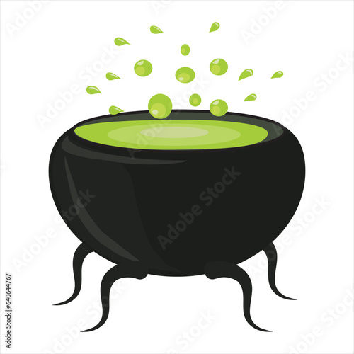 Halloween magic cauldron with green potion and boiling magic drink .Vector illustration isolated on white background.