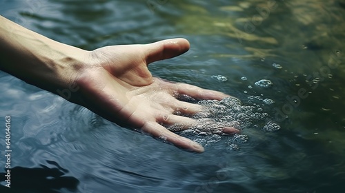 image of human hand reaching for water in mountain stream