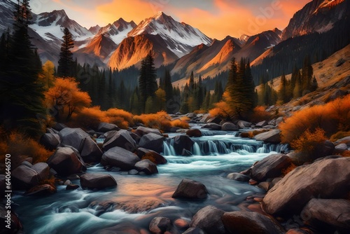 a hyper-realistic artwork capturing the majestic beauty of mountains at sunset with a water stream flowing through rocks - AI Generative
