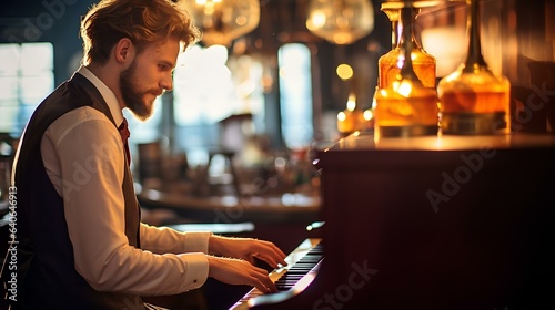 A man, a musician in a bar playing the piano.