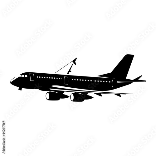 Airplane vector silhouette icon, Plane In Flight, Black color Airplane vector silhouette isolated on white background