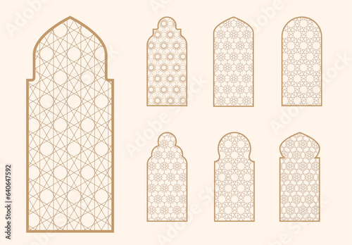 Photography Islamic window shape with mashrabiya pattern