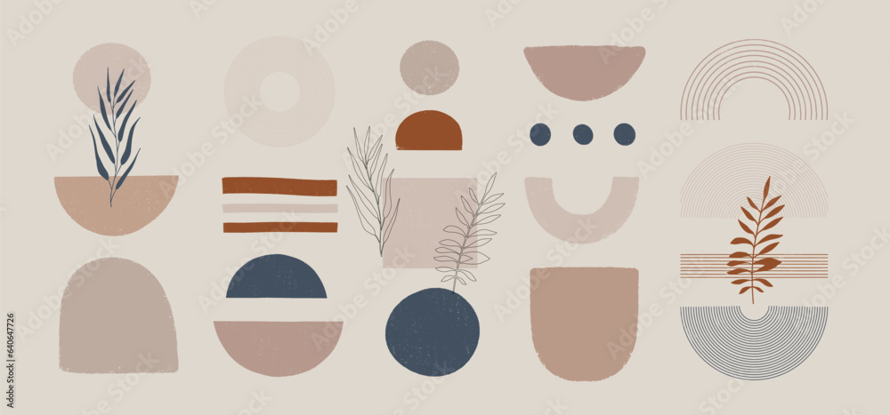 Set of textured hand drawn irregular abstract geometric shapes and plants. Vector organic elements clipart.