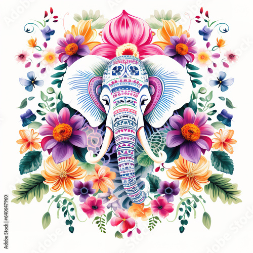 Image of pattern design using an elephant and flowers and leaves. Wildlife Animals. Illustration, Generative AI.
