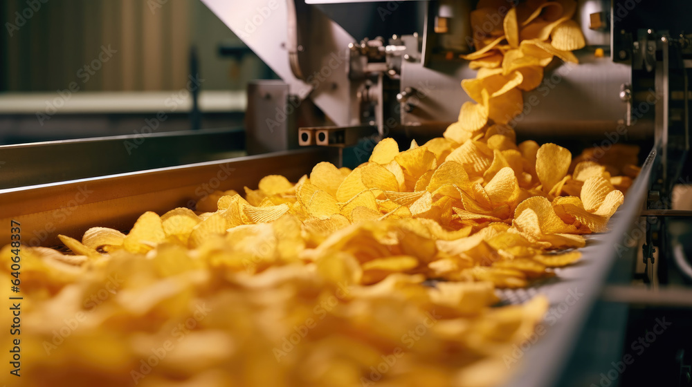 Chips on converter belt, potato chips packaging, line for the production and packaging of potato chips Chips on converter belt, potato chips packaging, line for the production and packaging of potato chips