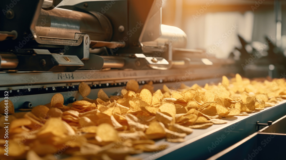 Chips on converter belt, potato chips packaging, line for the production and packaging of potato chips