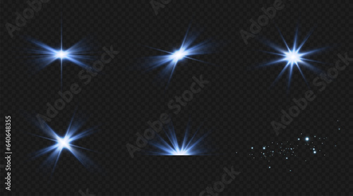 Blue star, bright particles, burning blue lights, stars, lasers, blue flash.