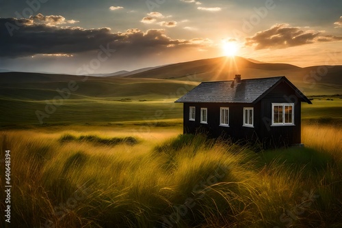 A picturesque view of a small black bungalow nestled in a rolling grassland, with the sun setting in the background - AI Generative © Being Imaginative