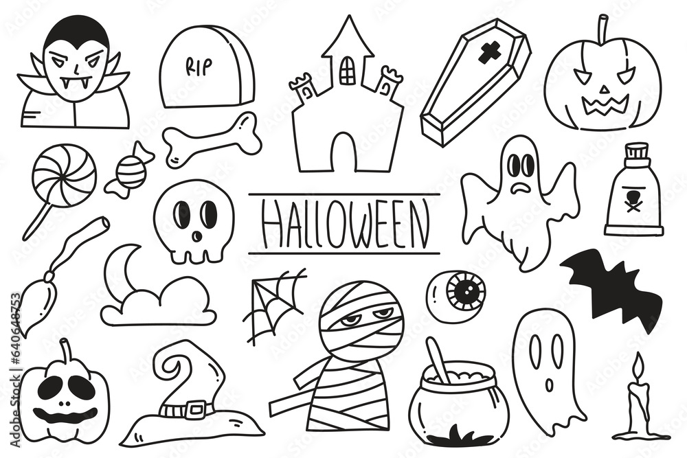 Hand drawn set of Halloween Days doodle illustrations. Drawing Halloween icons elements