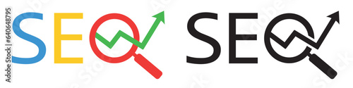 Search engine optimization, SEO logo. Search engine optimization concept with magnifying glass and growth chart, arrow. Web analytics, strategy and research planing. Vector.