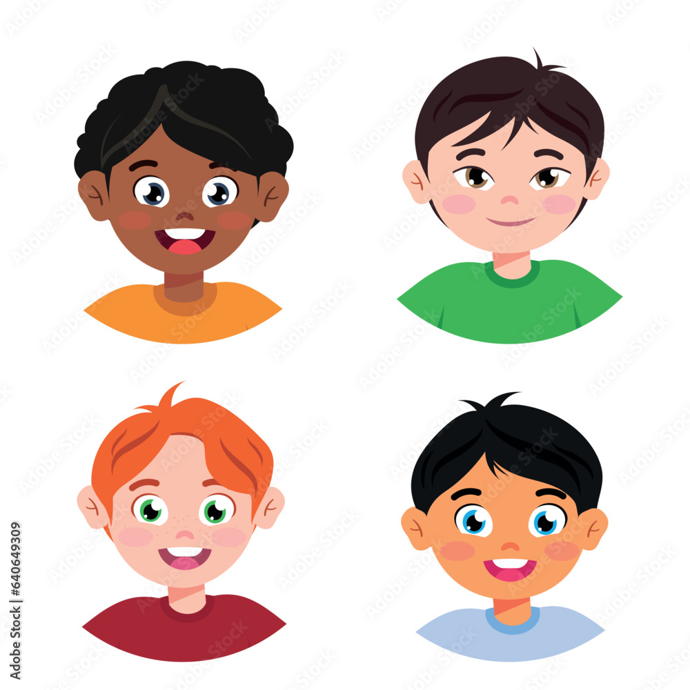 Set of cartoon multinational children, boys. Cute girls. Vector illustration in cartoon style. Cute children of different nationalities set Set of cartoon multinational children, boys. Cute girls. Vector illustration in cartoon style. Cute children of different nationalities set