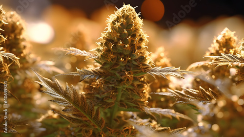Premium Cannabis bud - Golden Legal medical Marijuana plant - Smoking weed - Gold atmosphere - Generative AI