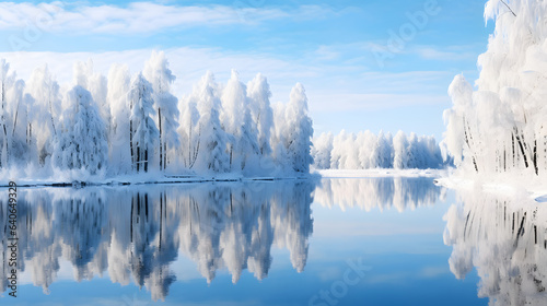 A lake reflects a breathtaking winter landscape, showcasing snow-covered trees and a clear blue sky. The focus of the photography is on the mirror-like ice surface and the vivid reflections.