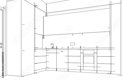 Modern kitchen interior design with furniture 3d drawing