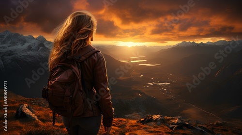 A woman stands on a mountain ledge with her back to the lens against the backdrop of a mountain landscape and sunset. Generative AI.