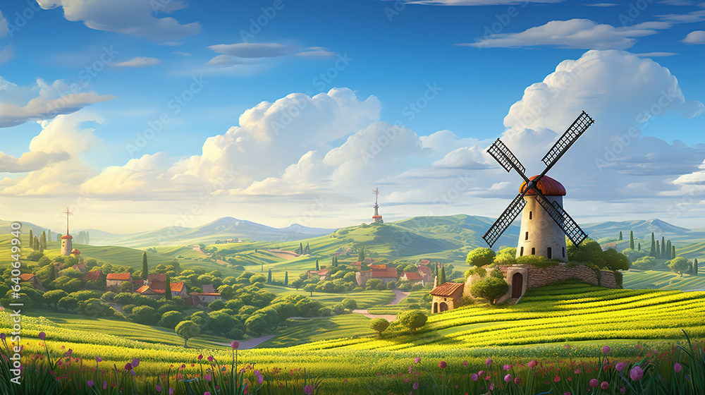 Naklejka premium windmill with rural cartoon background.Generative Ai