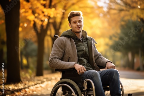 The breath of wind in an autumn park inspires me. Confident young Scandinavian man in a wheelchair enjoying the autumnal city park. He is looking at camera and smiling.