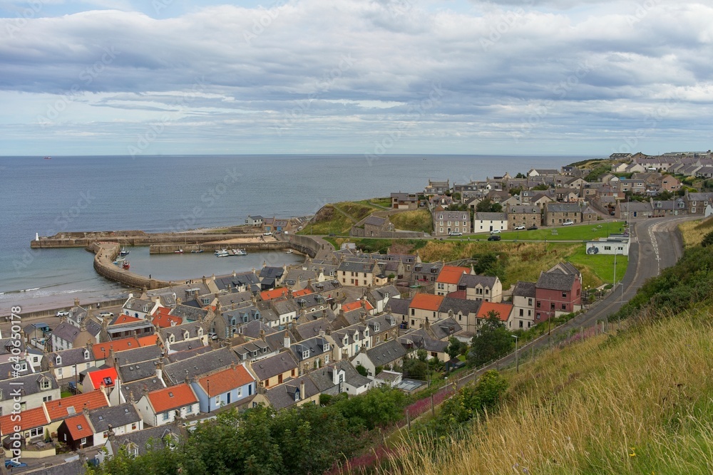   Cullen harbour viewed from Castle Hill in the north east of scotland