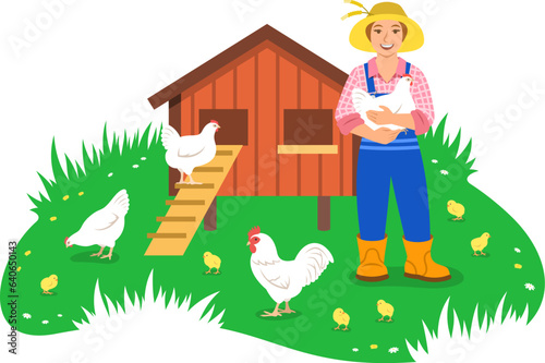 Happy smiling farmer woman holds a chicken in hands standing near chicken coop. Hens, rooster and little chicks graze in green grass. Free range poultry. Eco farming concept. Simple flat illustration