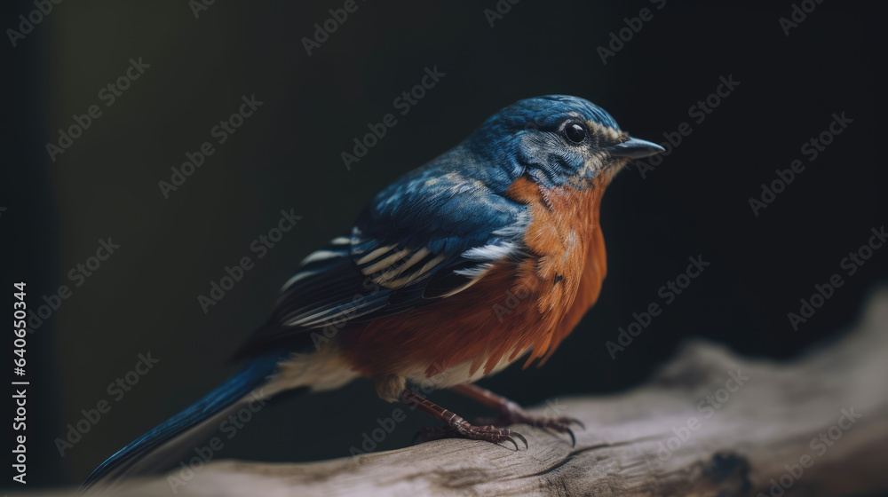 fascinated blue and orange bird perching on thin wood isolated on white background. fascinated blue and orange bird perching on thin wood isolated on white background.