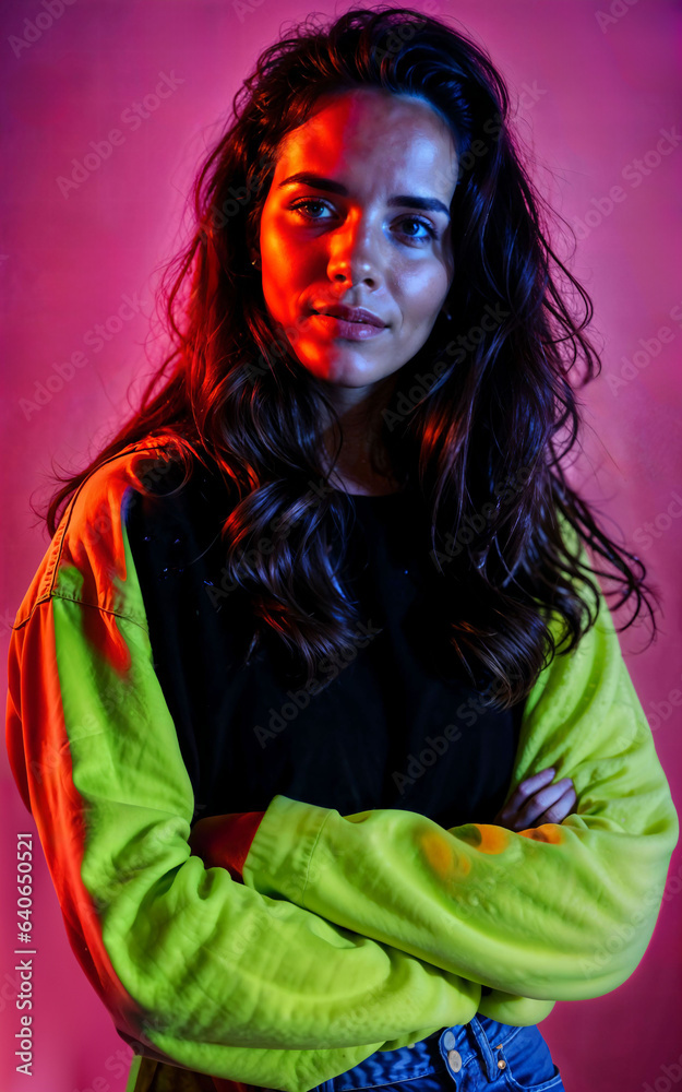 photo of beautiful woman with red and pink lighting and backdrop , generative AI