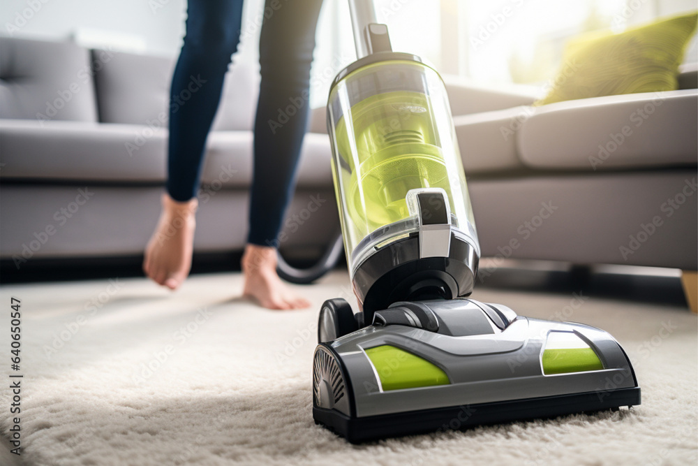 Woman does housework cleaning the floor under an electric vacuum cleaner. Generative AI Woman does housework cleaning the floor under an electric vacuum cleaner. Generative AI
