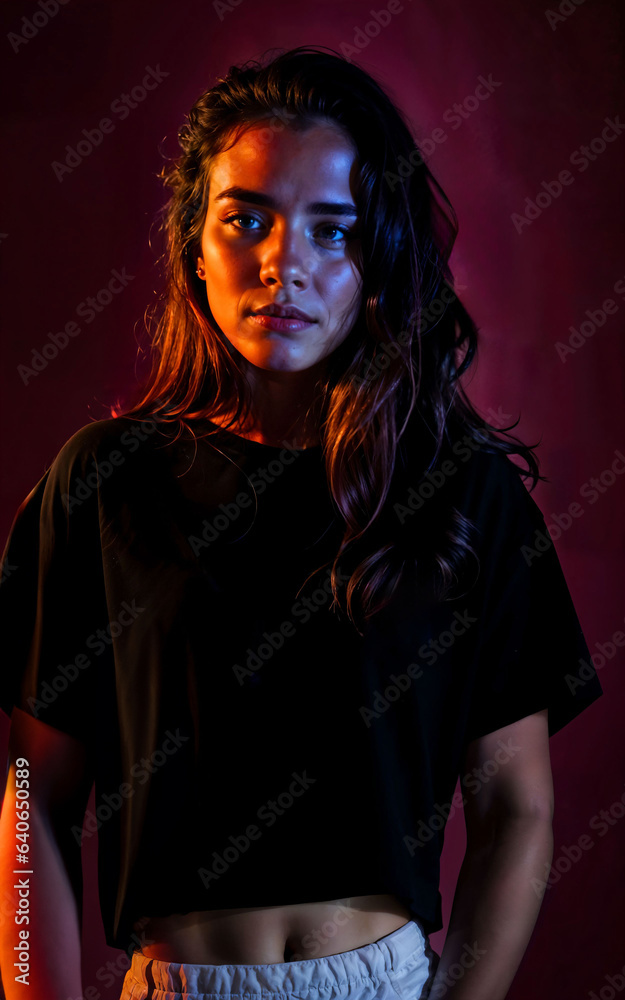 photo of beautiful woman with red and pink lighting and backdrop , generative AI photo of beautiful woman with red and pink lighting and backdrop , generative AI