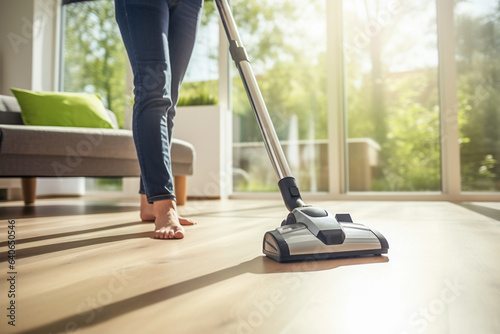 Woman does housework cleaning the floor under an electric vacuum cleaner. Generative AI