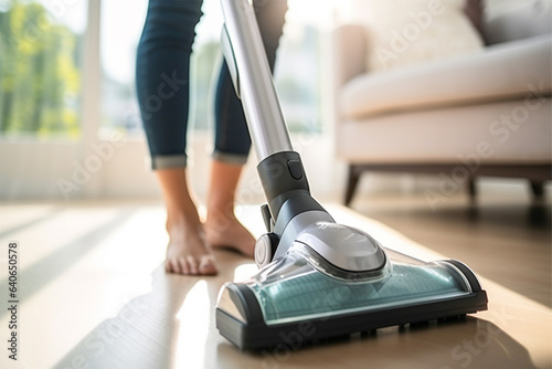Woman does housework cleaning the floor under an electric vacuum cleaner. Generative AI